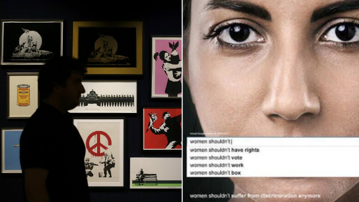Den anonyma Banksy har twittrat bilder från FN som kämpar för feminism.